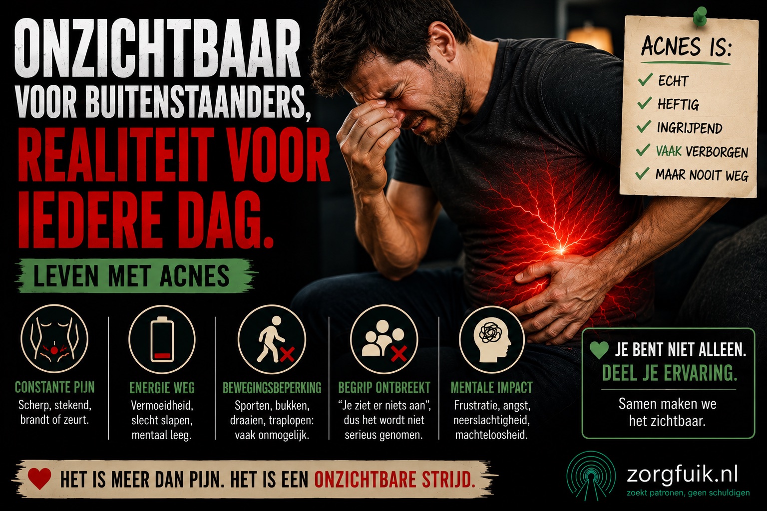Illustratieve Zorgfuik-visual over leven met ACNES, met aandacht voor pijn, vermoeidheid, bewegingsbeperking, onbegrip en mentale impact